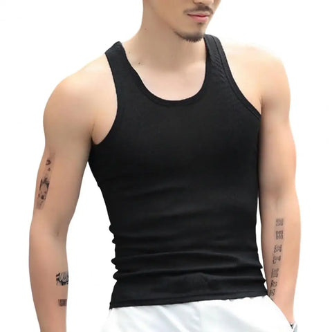 Men Tank Tops Fitness Gym Workout Undershirt O-Neck Sleeveless Solid Color Slim Fit Fitness Undershirt Bodybuilding Running Vest