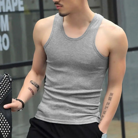 Men Tank Tops Fitness Gym Workout Undershirt O-Neck Sleeveless Solid Color Slim Fit Fitness Undershirt Bodybuilding Running Vest