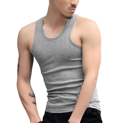 Men Tank Tops Fitness Gym Workout Undershirt O-Neck Sleeveless Solid Color Slim Fit Fitness Undershirt Bodybuilding Running Vest